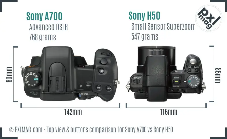 Sony A700 vs Sony H50 top view buttons comparison