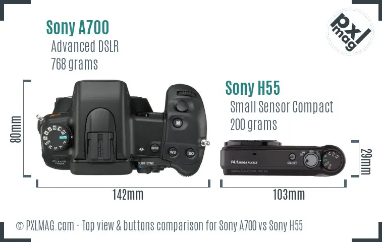 Sony A700 vs Sony H55 top view buttons comparison