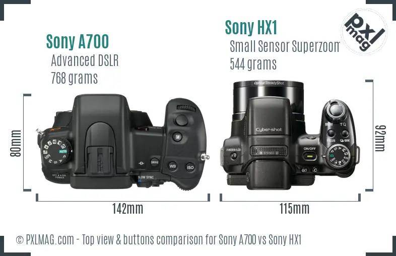 Sony A700 vs Sony HX1 top view buttons comparison