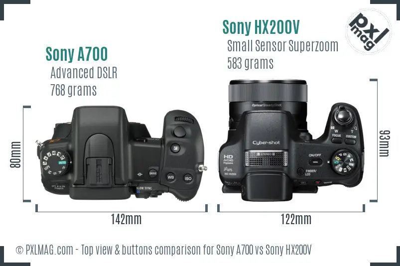 Sony A700 vs Sony HX200V top view buttons comparison