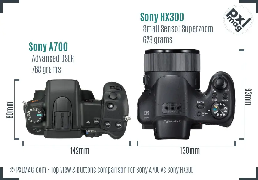 Sony A700 vs Sony HX300 top view buttons comparison