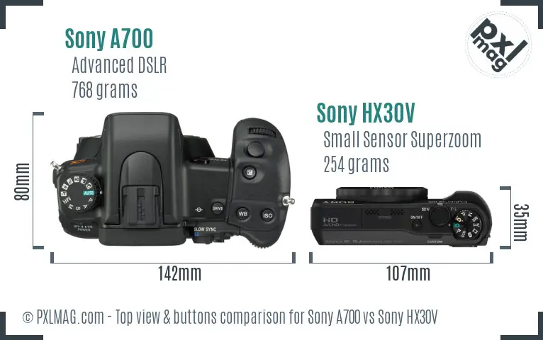 Sony A700 vs Sony HX30V top view buttons comparison