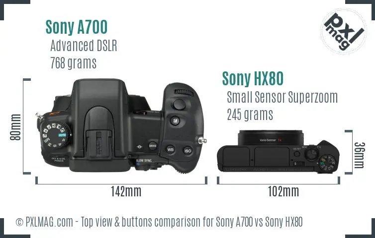 Sony A700 vs Sony HX80 top view buttons comparison