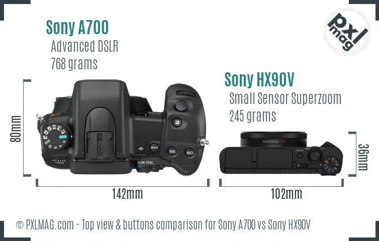 Sony A700 vs Sony HX90V top view buttons comparison