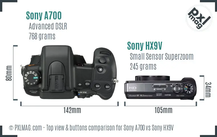 Sony A700 vs Sony HX9V top view buttons comparison