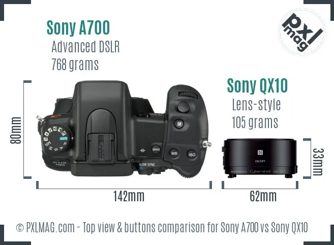 Sony A700 vs Sony QX10 top view buttons comparison