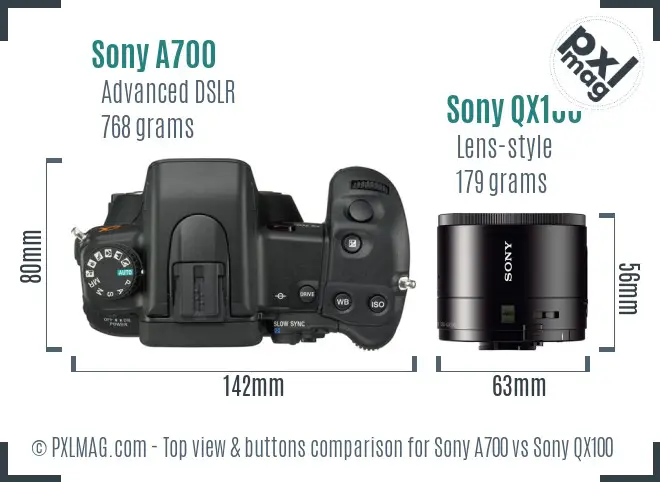 Sony A700 vs Sony QX100 top view buttons comparison