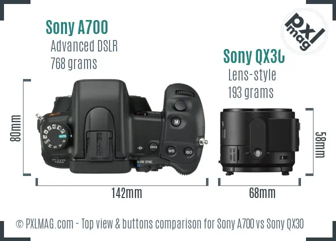 Sony A700 vs Sony QX30 top view buttons comparison
