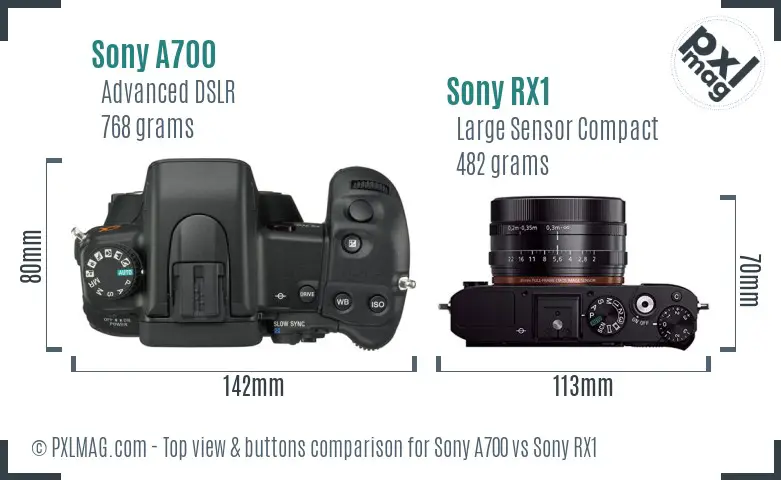Sony A700 vs Sony RX1 top view buttons comparison