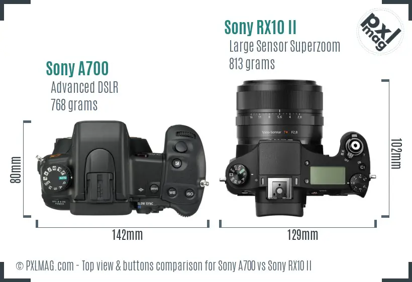 Sony A700 vs Sony RX10 II top view buttons comparison