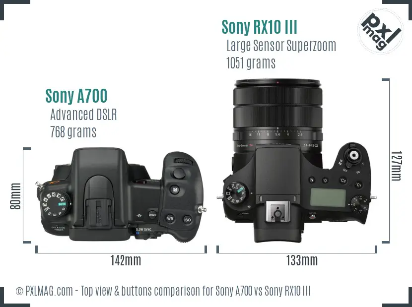 Sony A700 vs Sony RX10 III top view buttons comparison