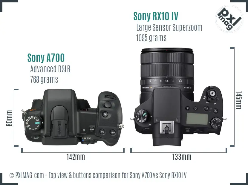 Sony A700 vs Sony RX10 IV top view buttons comparison