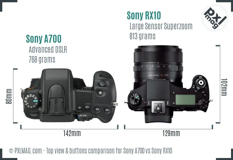 Sony A700 vs Sony RX10 top view buttons comparison