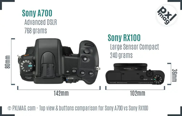 Sony A700 vs Sony RX100 top view buttons comparison