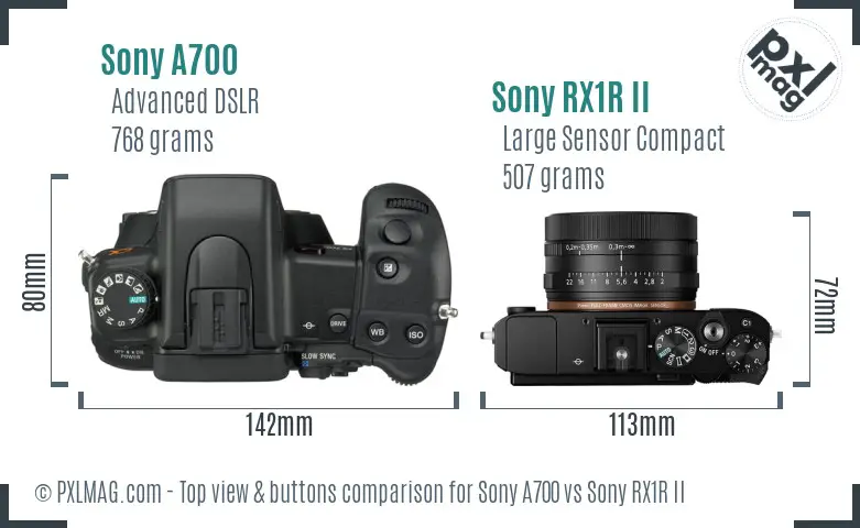 Sony A700 vs Sony RX1R II top view buttons comparison