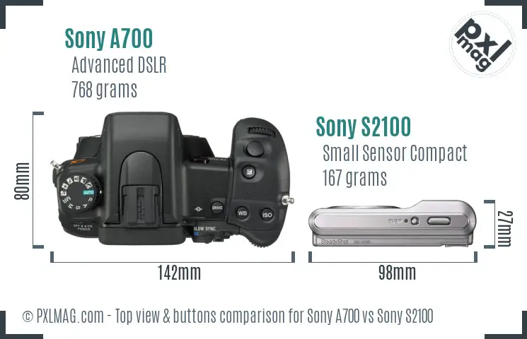 Sony A700 vs Sony S2100 top view buttons comparison