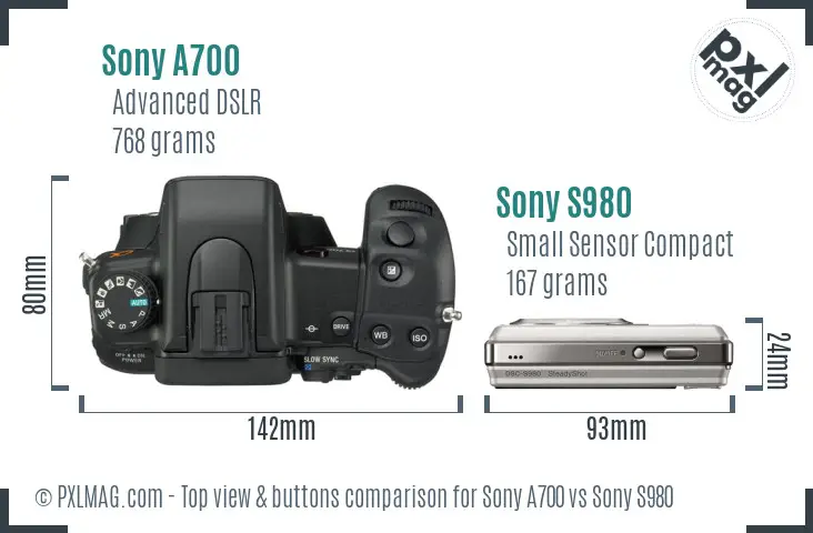 Sony A700 vs Sony S980 top view buttons comparison