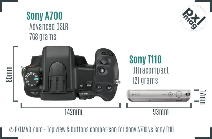 Sony A700 vs Sony T110 top view buttons comparison