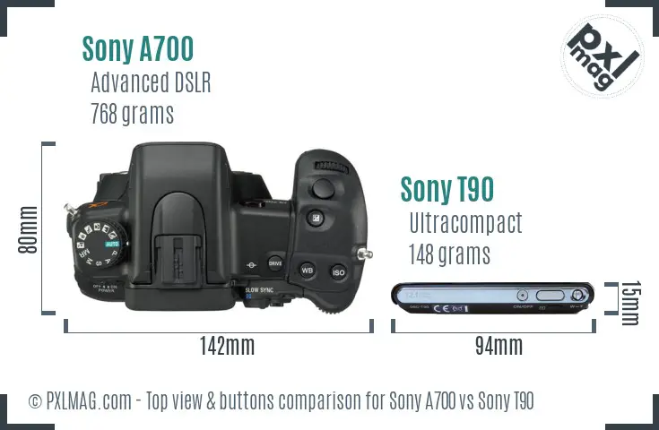 Sony A700 vs Sony T90 top view buttons comparison