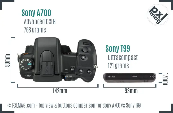 Sony A700 vs Sony T99 top view buttons comparison