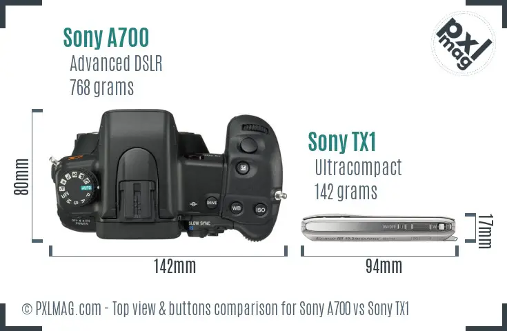 Sony A700 vs Sony TX1 top view buttons comparison
