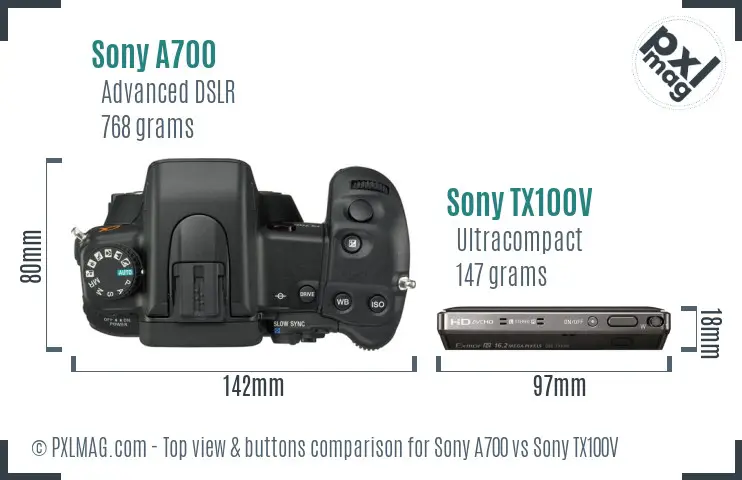 Sony A700 vs Sony TX100V top view buttons comparison