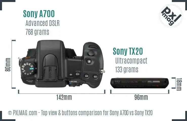 Sony A700 vs Sony TX20 top view buttons comparison