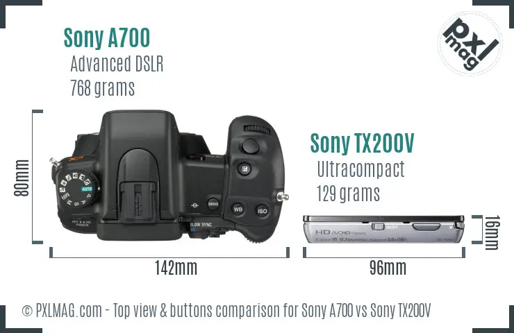 Sony A700 vs Sony TX200V top view buttons comparison