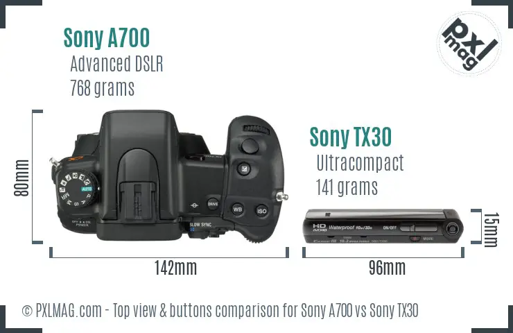 Sony A700 vs Sony TX30 top view buttons comparison