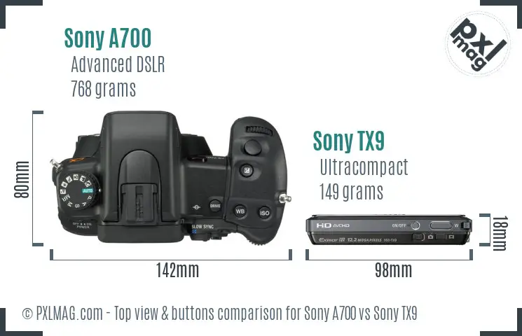 Sony A700 vs Sony TX9 top view buttons comparison