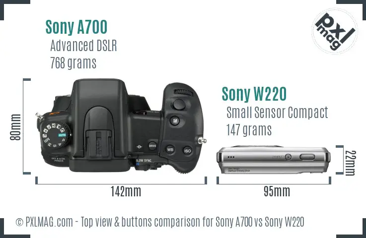 Sony A700 vs Sony W220 top view buttons comparison
