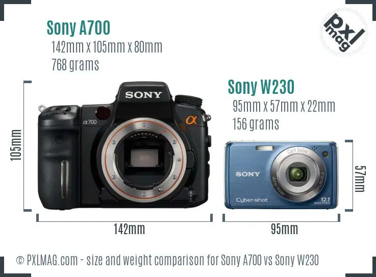 Sony A700 vs Sony W230 size comparison