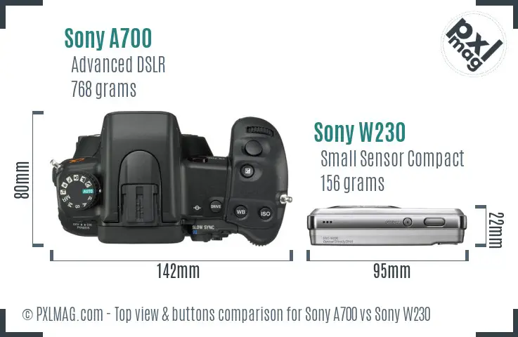 Sony A700 vs Sony W230 top view buttons comparison