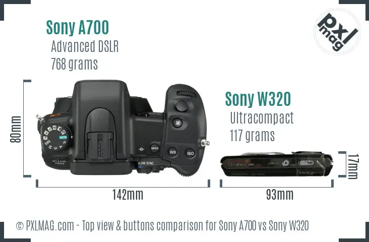 Sony A700 vs Sony W320 top view buttons comparison