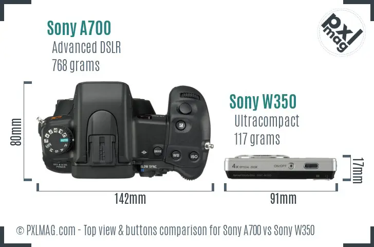 Sony A700 vs Sony W350 top view buttons comparison