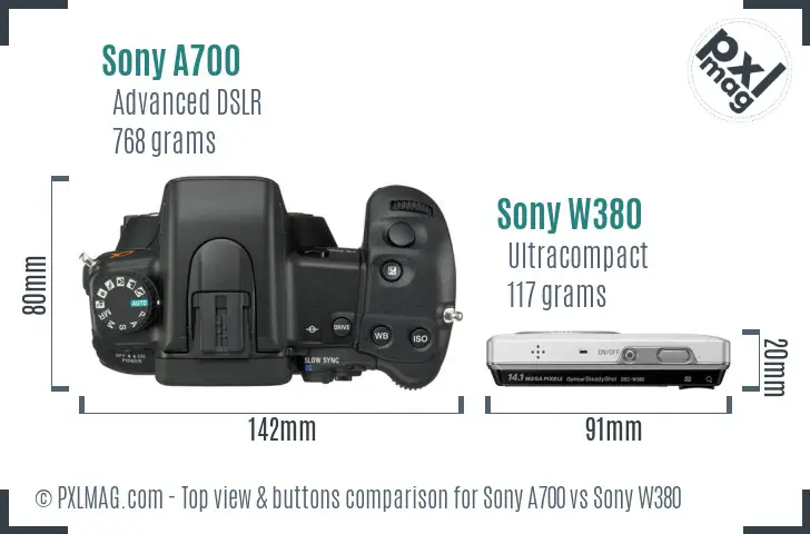 Sony A700 vs Sony W380 top view buttons comparison