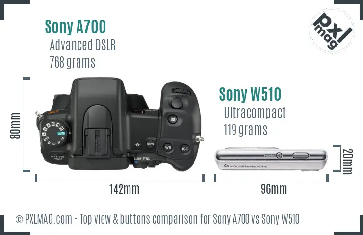 Sony A700 vs Sony W510 top view buttons comparison