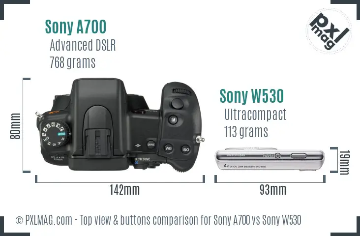 Sony A700 vs Sony W530 top view buttons comparison