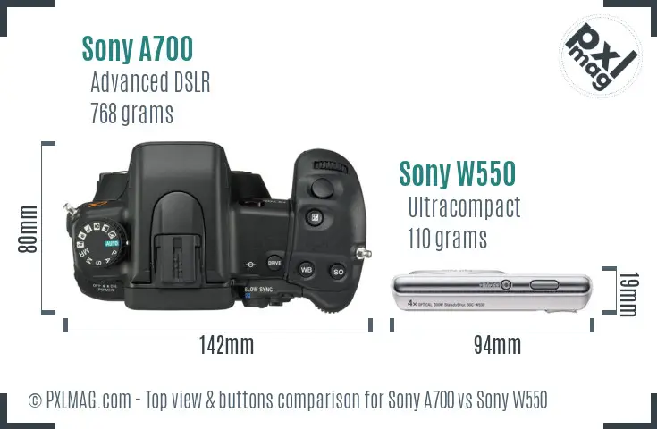 Sony A700 vs Sony W550 top view buttons comparison