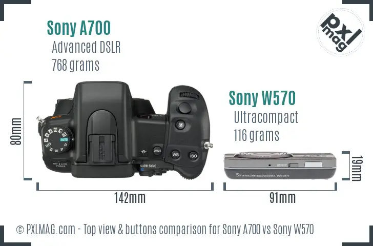 Sony A700 vs Sony W570 top view buttons comparison