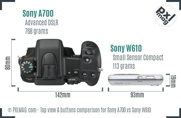 Sony A700 vs Sony W610 top view buttons comparison