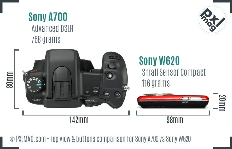 Sony A700 vs Sony W620 top view buttons comparison