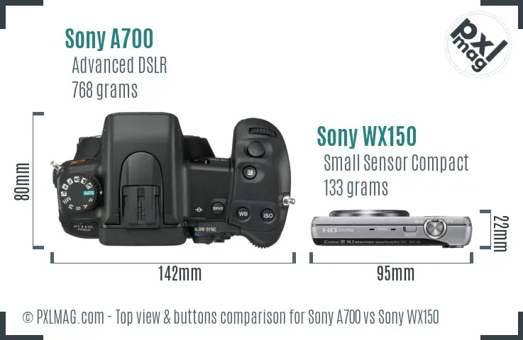 Sony A700 vs Sony WX150 top view buttons comparison
