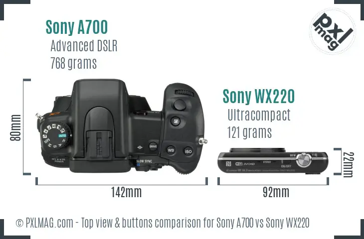 Sony A700 vs Sony WX220 top view buttons comparison