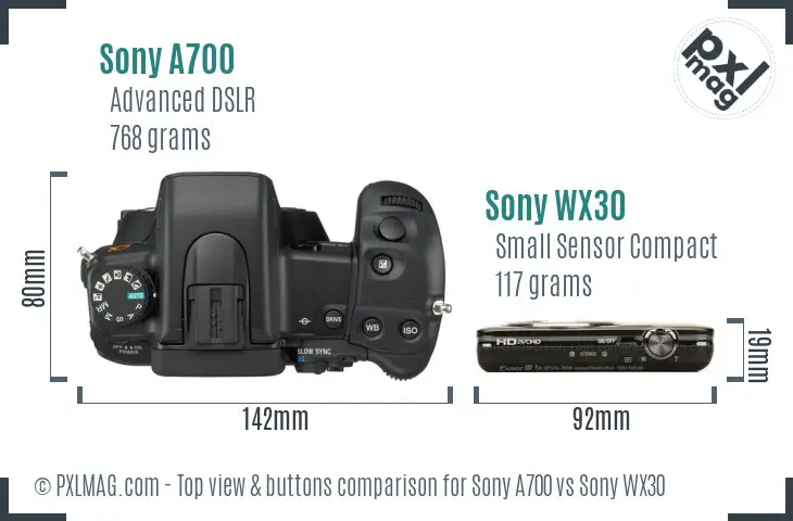 Sony A700 vs Sony WX30 top view buttons comparison