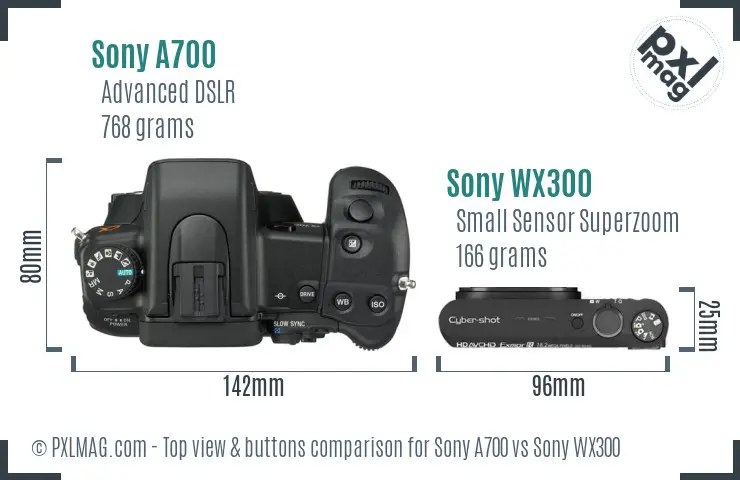 Sony A700 vs Sony WX300 top view buttons comparison