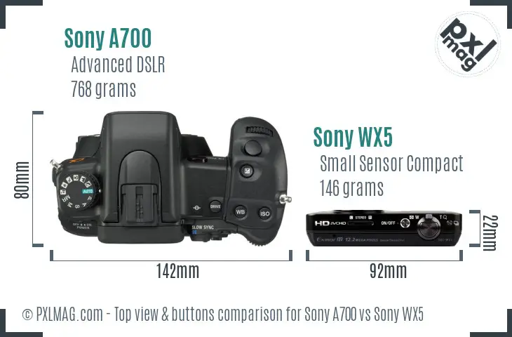 Sony A700 vs Sony WX5 top view buttons comparison