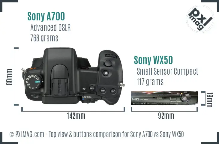 Sony A700 vs Sony WX50 top view buttons comparison