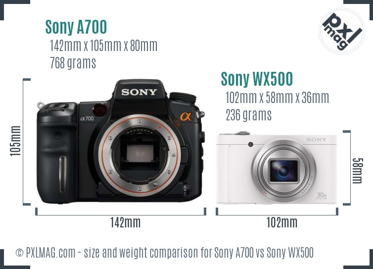 Sony A700 vs Sony WX500 size comparison