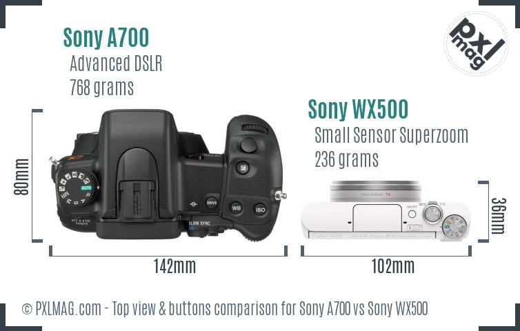 Sony A700 vs Sony WX500 top view buttons comparison